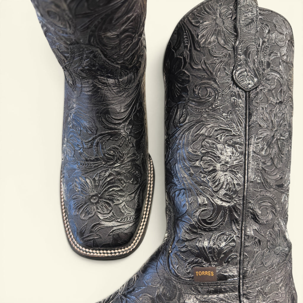 Torres Boot Ranch - Midnight Magnolia - Handtooled Black